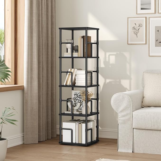 MAHANCRIS 4-Tier Rotating Bookshelf, Freestanding Corner Bookshelf, 360° Spinning Bookcase, Industrial Style Storage Rack with Rails, for Living Room, Bedroom, Study, Black BKBK1501