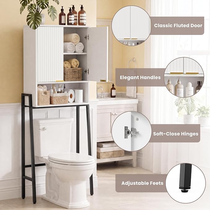 25" W Over The Toilet Storage Cabinet with Fluted Door,Bathroom Organizers and Storage with Adjustable Shelves, Modern Over Toilet Organizer for Bathroom,Restroom,Laundry,White
