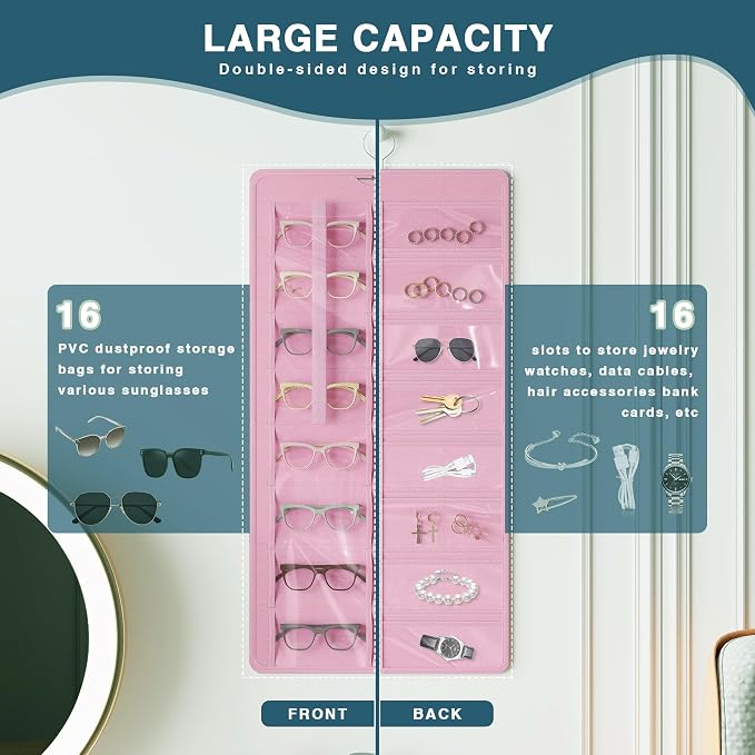 Hanging Sunglasses Organizer and Storage, 32 Slots Jewelry Holder, Pink | Protect eyewear from dust with double-sided clear compartments; roof design hangs on wall, door or closet for home/RV travel.