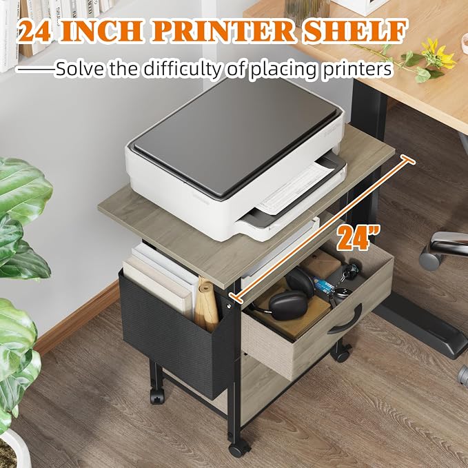 GYIIYUO 2 Drawer File Cabinet with 24'' Extended Desktop, Mobile | Rolling Filing Cabinet, Side Bag, Fits A4/Letter Size, Rolling Printer Stand, Home Office, Fabric Drawer, Oak Grey