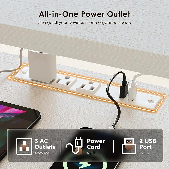 OffiGo 55 Inch U Shape Standing Desk with Keyboard Tray & Drawers, White | 3 Outlets & 2 USB Ports, Dual-Monitor Stand, 10 Colors & 10 LED Modes, 3 Presets, 28.3"-46.5"in Range, 154 lb Capacity