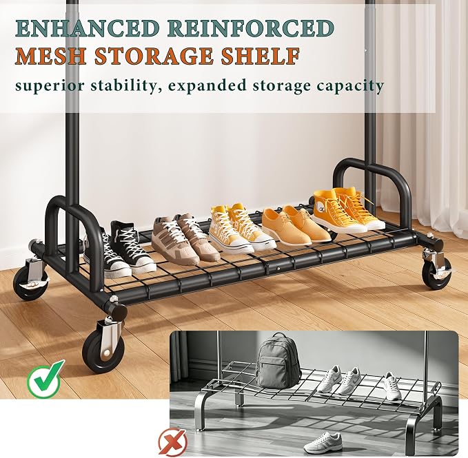 Raybee Clothes Rack Heavy Duty Load 530 LBS, Clothing Racks for Hanging Clothes, Rolling Clothing Rack, Extendable Adjustable Portable Clothes Rack, Metal Garment Rack, Black