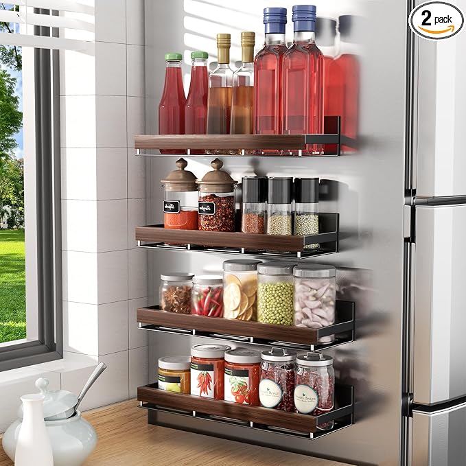 Walnut Magnetic Spice organizer for Refrigerator Wall Mount Spice Rack Magnetic Fridge Shelf Spice Jar Seasoning Organizer (Walnut 4 Pack)
