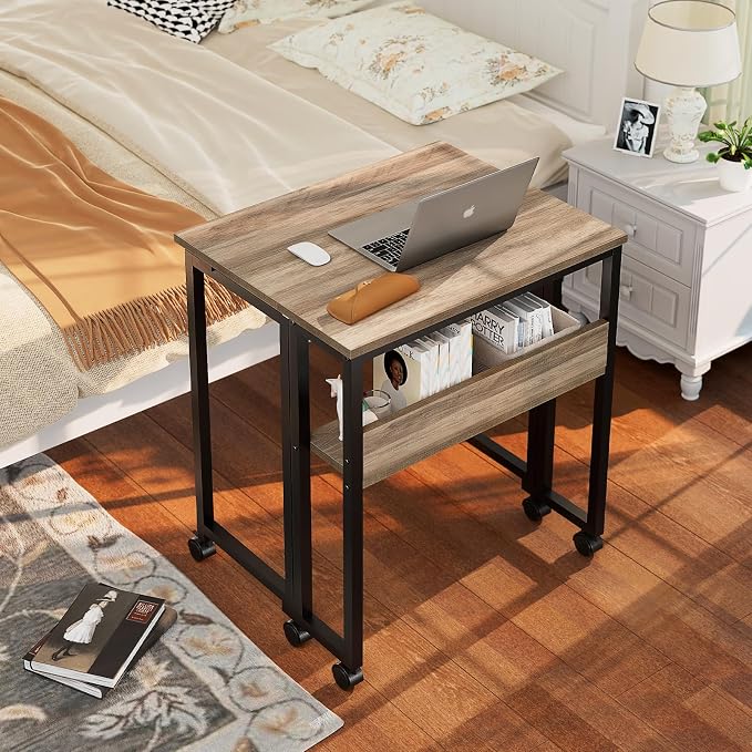 GreenForest Folding Desk with Wheels, 31.5" Rolling Table for Small Spaces | Storage Shelf, Lockable Casters, Compact Portable Workstation, Space-Saving Foldable Sofa Table, Home Office, Mobile, Grey