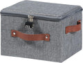 Storage Bin Box with Zipper Lid Combination Lock Cotton Linen Fabric Lidded Lockable Baskets PU Leather Handles Collapsible Washable Closet Shelf Organizer Container (Gray, Small)