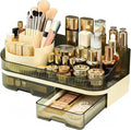 Makeup Organizer Countertop with Dual Drawers, Large Capacity Cosmetic Storage for Vanity Bathroom Skincare, 360° Rotating Makeup Brush Holder
