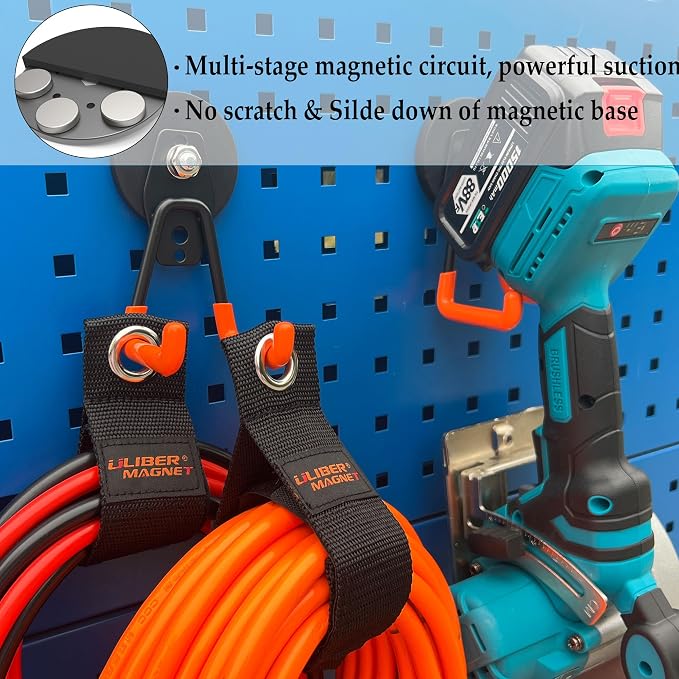 ULIBERMAGNET Heavy Duty Magnetic Garage Hooks,4 Pack Strong Large Magnet Hooks for Power Drill,Garden Tools,Hose,Pegboard,Garage, Workshop,Magnetic Storage Hooks for Indoor Outdoor Hanging(Orange)