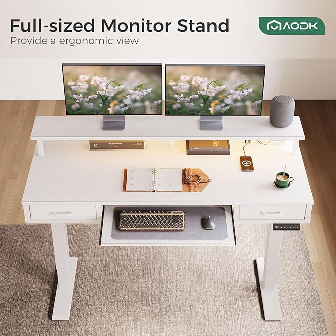 AODK 55 Inch Electric Standing Desk with Drawers & Keyboard Tray, White | 3 Outlets & 2 USB Ports, 20-Mode LED Lights, Monitor Stand, Cable Management Tray, 3 Memory Heights, 29.9"-46.1" in Range