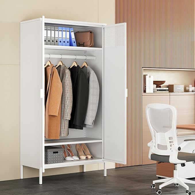 Ustamio 71 Inches White Metal Wardrobe Cabinet with Hanging Rod, Metal Armoire Wardrobe Closet with Doors for Bedroom, Office, Laundry Room and Changing Room, Metal Locker Cabinet