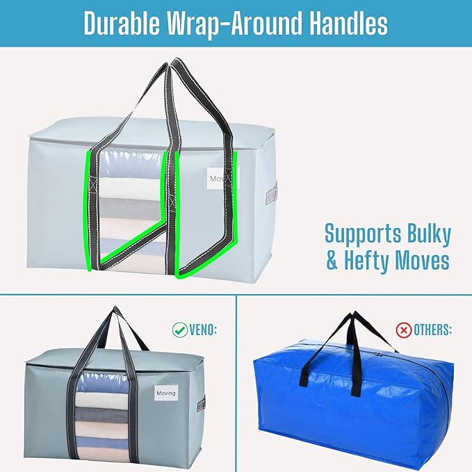 VENO 10 Pack Moving Bags with Clear Window, Heavy Duty Storage Bins with Lid, Around Handles, Tag, Zippers, Extra Large Totes Packing Moving Boxes Supplies for College Dorm Clothes (Light Blue)