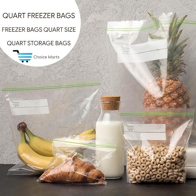 Quart Size Freezer Bags – 75 Count, Resealable, Extra Strong 2 Mil Leak Proof Double Zipper Clear Stand Up Food Bags