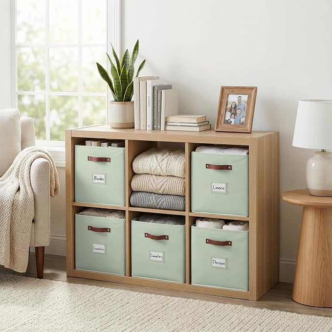 DECOMOMO Storage Bins, Cube Storage Bin with Labels, Fabric Storage Cubes for Shelves (10.5" x 11" / 2pcs, Sage Green)