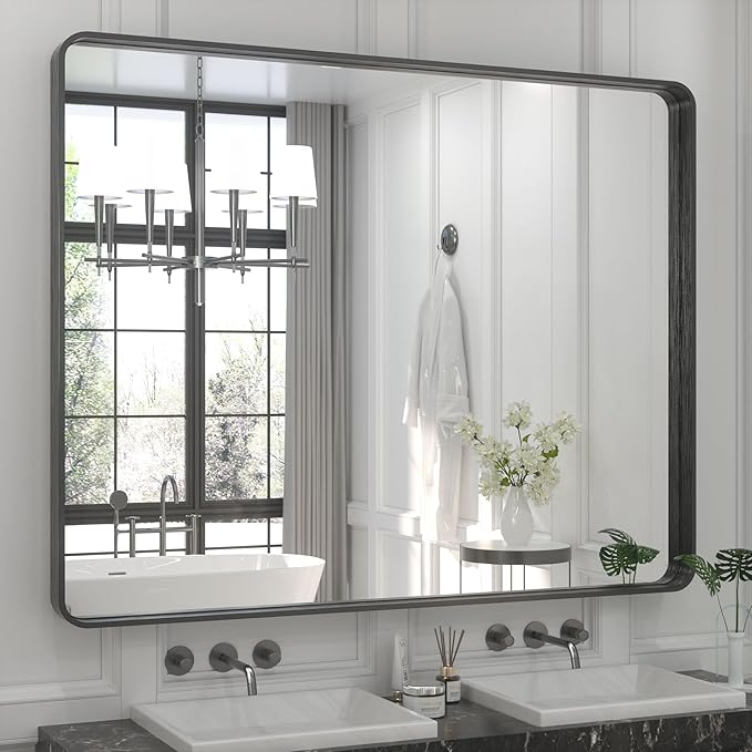 TETOTE 48 x 40 Inch Black Frame Mirror, Bathroom Vanity Mirror for Wall, Modern Rectangle Round Corner Matte Framed Mirror (Horizontal/Vertical)