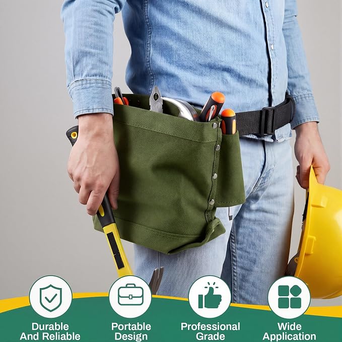 2 Pcs Tool Pouches 5" x 10" x 9", Small Tool Bags Tunnel Connection Utility Pouches for Nuts & Bolts, Double Reinforced Bottom with Belt Strap Connect & Bull Pin Loops for Outdoor Work
