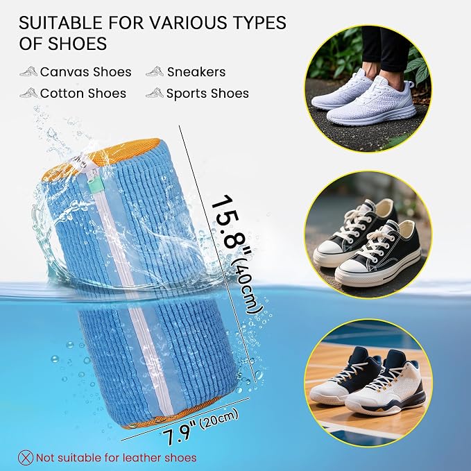 2Pcs Shoe Washing Machine Bag, Sneaker Laundry Bag for Washing Machine, Extra Long and Thick Microfibre Fluff, Reusable for Washer and Dryer (2pcs, Blueish Yellow)