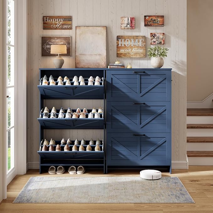 Nicetree Shoe Cabinet for Entryway, 3 Flip Drawers Shoe Storage Cabinet with 3-Tier Adjustable Shelves, Ultra Slim Freestanding Hidden Shoe Organizer with Barn Door Design, Navy Blue