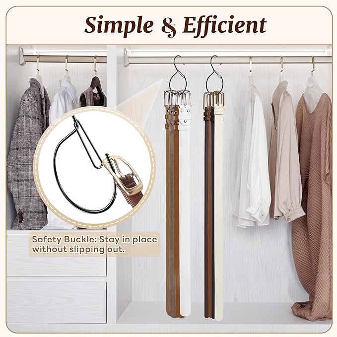 MEILIDY Metal Belt Hanger with Safety Buckle for Closet, Black, 4 Pcs | Compact Belt Rack, Easy to Hang, Fits for Belts, Ties, Jeans, Scarves, Hats, Purses, Jewelries, Cords, Carabiners