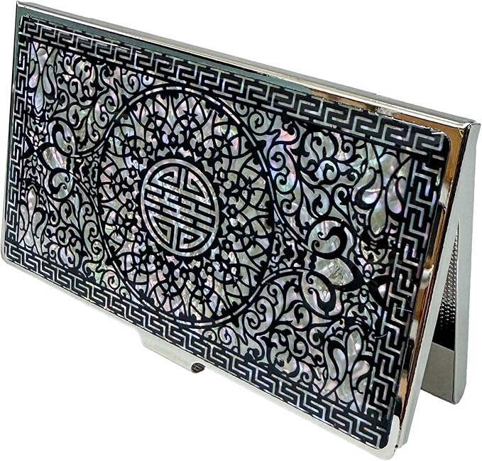 Mother of Pearl Business Card Case Credit Id Name Holder Travel Wallet Art Painting Design Metal Stainless Steel Engraved Slim Purse Pocket Cash Money Wallet (N-Pattern)