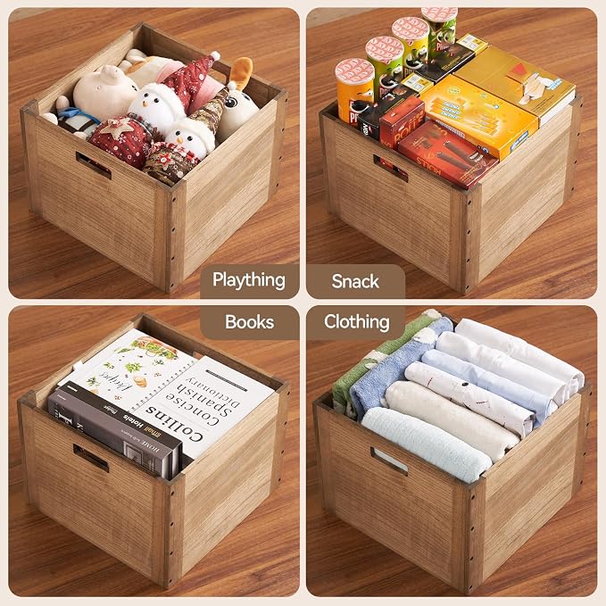KIRIGEN Stackable Wood Storage Cube with Handles, Open Crate Bin, Brown | Wooden Box and Open Front ,Stackable for Books, Clothes, and Closet Storage, Assembly Required, 14.17 x 14.17 x 10.31 Inch