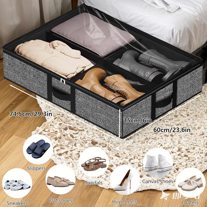homyfort Under the Bed Shoe Organizer Fits 12 Pairs and 4 Pairs Boots,Sturdy & Breathable Materials,Underbed Storage Solution for Kids Men & Women Shoes,Great Space Saver for Your Closet Set of 2