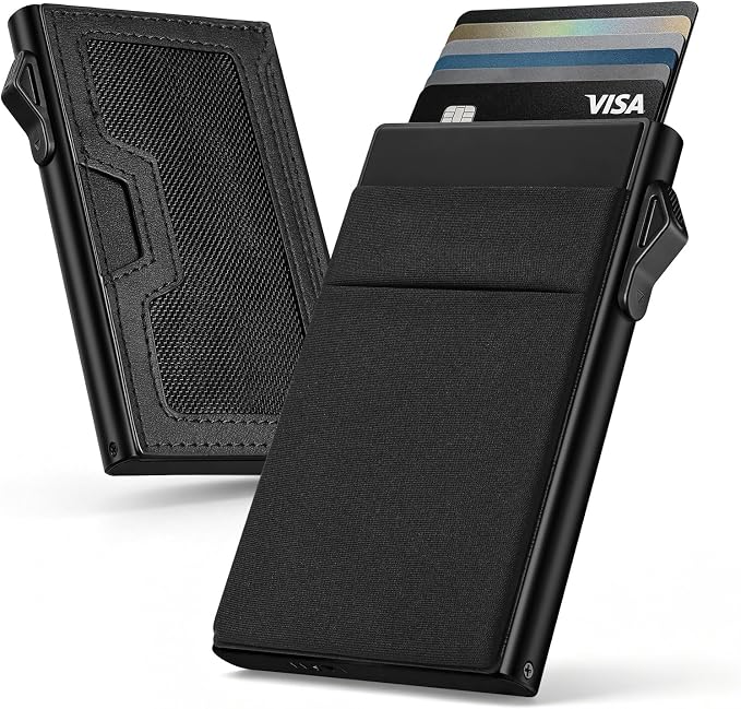 Pop Up Wallet For Men, Bauhaus Minimalist Aluminum RFID Blocking Card Holder, Vegan Leather EDC Wallet With ID Window, Elastic Cash Pocket For Daily Travel Business