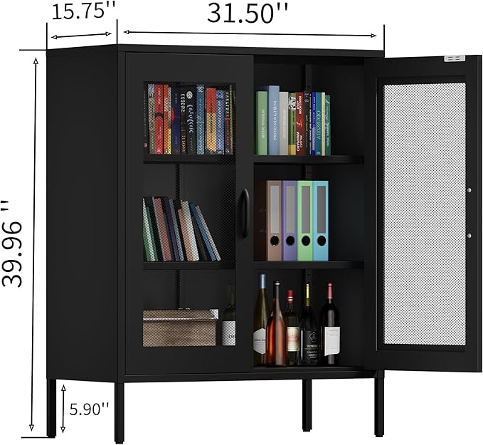 Washsemba Metal Storage Cabinet with Mesh Doors and Shelves,Multipurpose Storage Rack, 3-Tier Office Cabinet,Metal Locker Style Accent for Home Office,Living Room,Kitchen (Black-mesh, 40''H)