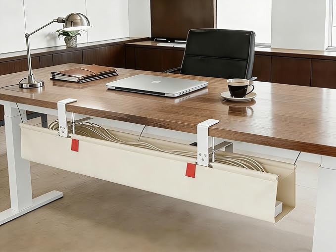 [Upgraded] Under Desk Cable Management, 36" Cord Organizer, with Silicone Pads (No Scratch!), 16 Cable Ties, Washable PE Honeycomb Base,Fits Any Desk 0-2.1", No Stinky Cardboard! Beige