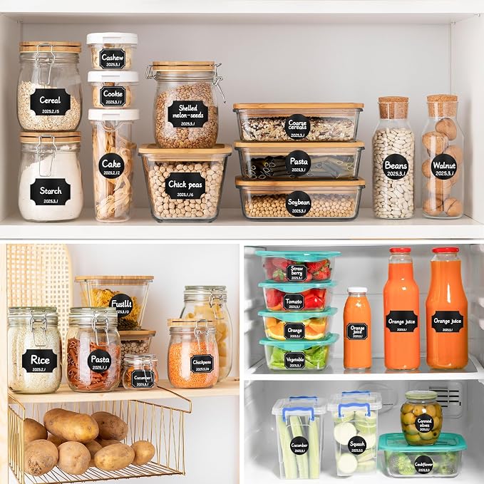 Segarty Spice Jars Labels, 272 Pcs Assorted Square Round Black Chalkboard Label Sticker with 1 Chalk Marker, Removable Blank Stickers to Write-on for Food Containers, Mason, Bottles, Storage Bin
