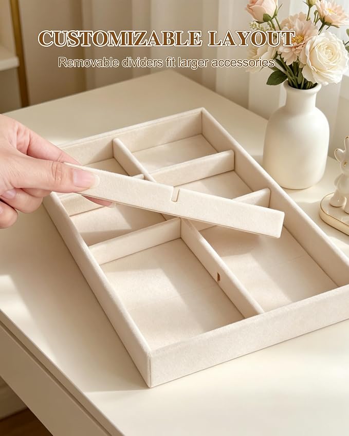 Velvet Jewelry Drawer Organizer Trays Set - 4-Layer Stackable Jewelry Storage Inserts for Earrings, Rings, Necklaces, Bracelets, Removable Dividers Display Case, Dresser Vanity, Gift for Women