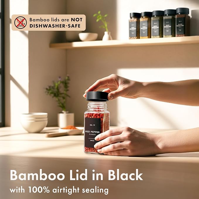 EDELHAUS Glass Spice Jars with Label, 24x Black Bamboo Wooden Lids | Airtight Lids keep spices fresh, Kitchen Spice Drawer Organizer, 4oz Seasoning Containers incl. Funnel, Brush & 240 Labels