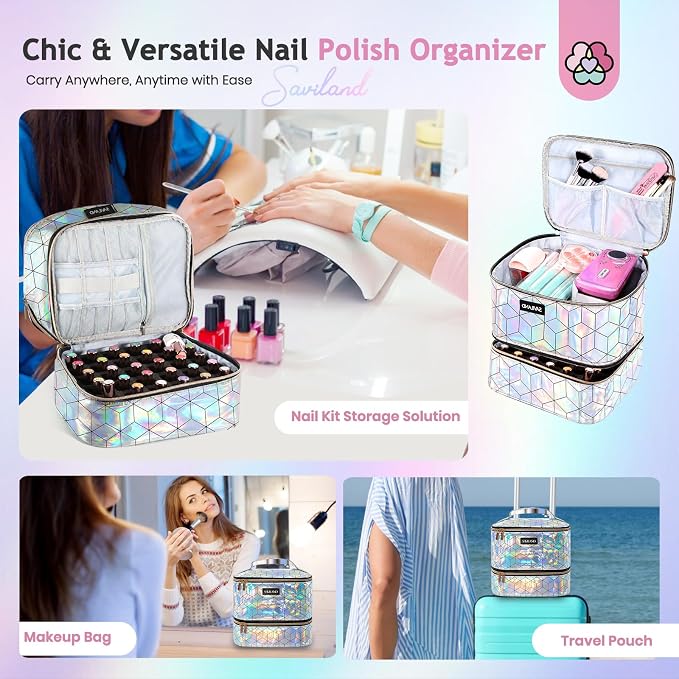 SAVILAND Nail Polish Organizer Bag: PU Leather Nail Kit Organizer Holds 30 Bottles & Nail Lamp, Holographic Nail Supply Organizer Nail Polish Holder Case Nail Organizers and Storage Box for Nail Tech