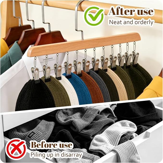 Space Saving Hanging Clothes Organizer with 12 Clips Multi-Purpose Storage for Leggings, Jeans, Skirts, Scarves, Hats, Socks(Natural-4PCS)