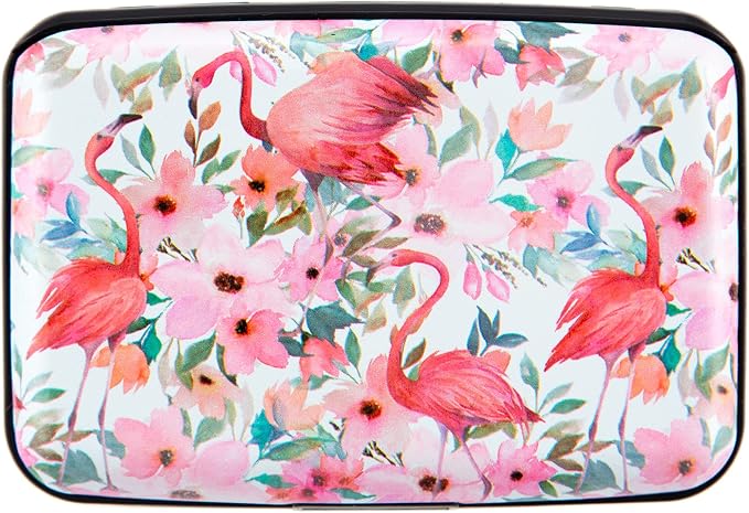 Credit Card Holder, Metal Card Wallet RFID Blocking Mini Slim Aluminum Business Hard Card Case for Women Men (Watercolor Floral Flamingo)