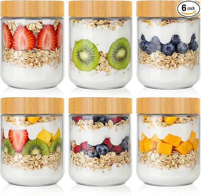 6pcs Glass Overnight Oats Containers with Lids, 16oz Storage Containers | Glass Storage for Dry Food, Jars with Bamboo Lids for Yogurt & Salad, Portable for Picnic & Lunch