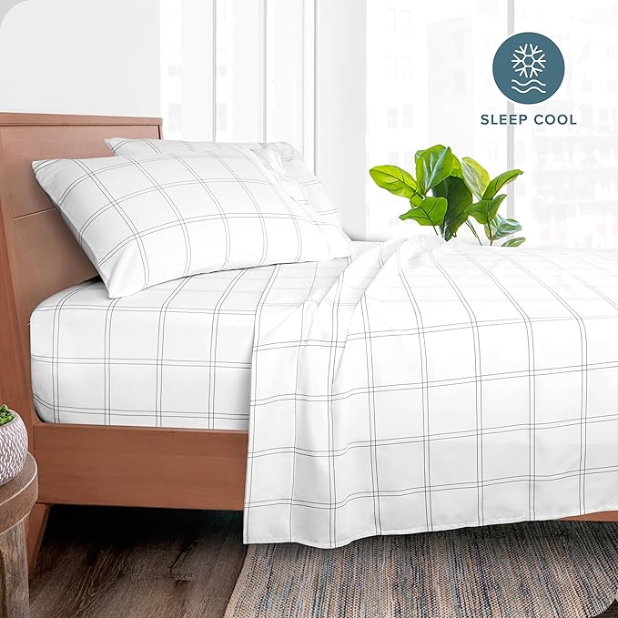 Bare Home California King Sheet Set - Luxury 1800 Ultra- Soft Double Brushed Microfiber - Deep Pockets - Easy Fit - 4 Piece Bedding Sheet Set (California King, Modern Plaid - White/Grey)
