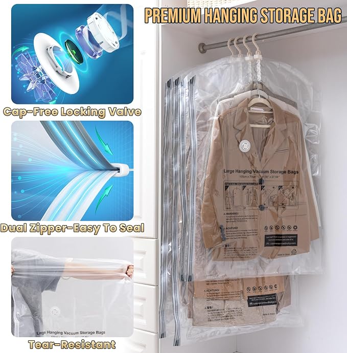 TAILI Hanging Vacuum Storage Bags with Electric Air Pump, Vacuum Seal Bags for Clothing Travel, Space Saving Hangers for Clothes, Coats, Suits and Jackets,Set of 6 (6 Long)