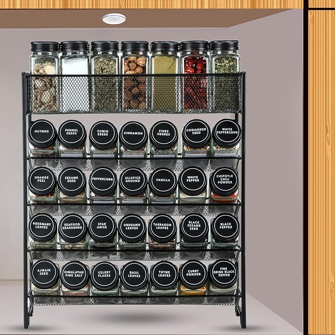 Skiileor Spice Rack Organizer with 28 Spice Jars, Black Lids，Spice Labels, Chalk pen and Funnel Set for Cabinet, Countertop, Pantry, Cupboard or Wall Mount