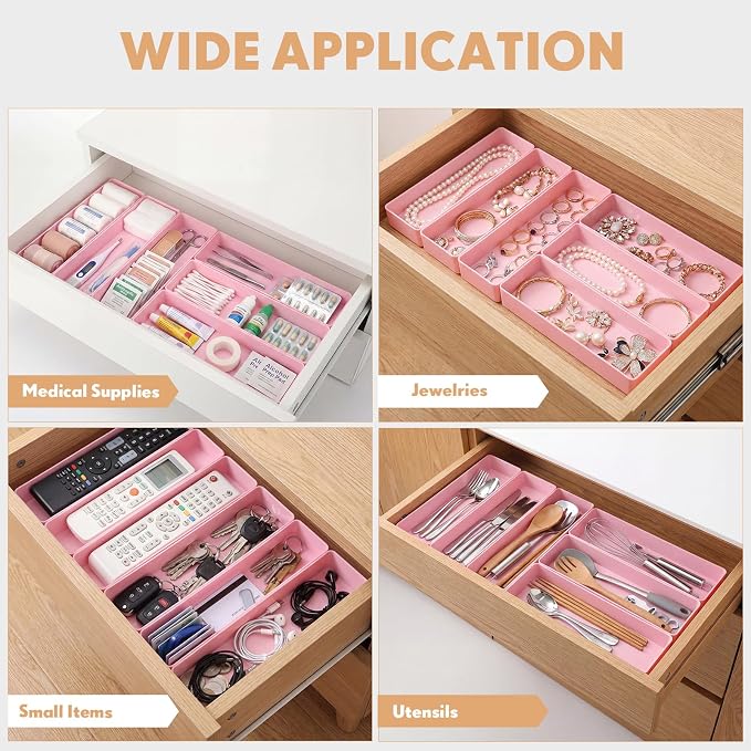 Teling 6 Pcs Pink Plastic Desk Organizer Tray Shallow Drawer Pencil Tray Tabletop Organizer for Office, Home, or Study 9.45x2.95x1.38 Inch