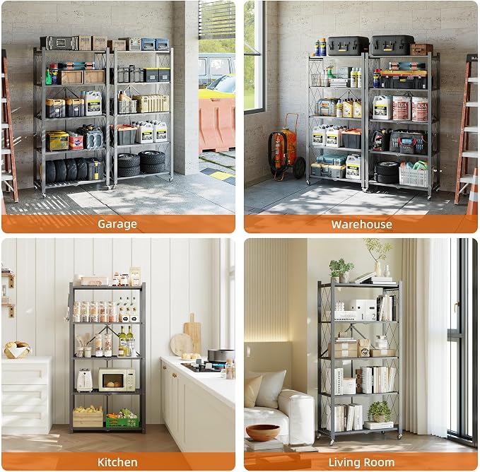 Fenbeli Foldable Shelves with Wheels - 5 Tier Folding Shelf, Collapsible No Assembly Metal Shelving Unit, Origami Storage Shelves & Rolling Storage Rack with 8 Hooks for Kitchen Pantry Garage