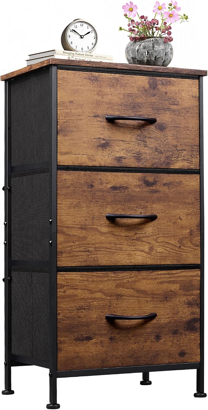 WLIVE Dresser with 3 Drawers, Fabric Nightstand, Organizer Storage Dresser for Bedroom, Hallway, Entryway, Closets, Sturdy Steel Frame, Wood Top, Easy Pull Handle, Rustic Brown Wood Grain Print