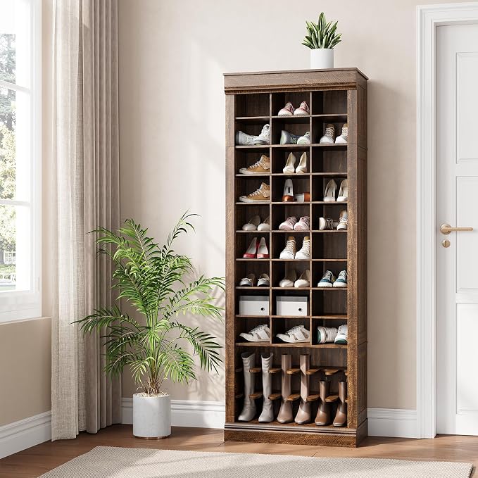 GarveeHome 10-Tier Shoe Storage Cabinet, Tall Shoe Rack with 30 Cubbies, Freestanding Entryway Shoe Organizer for Entryway, Living Room, Brown