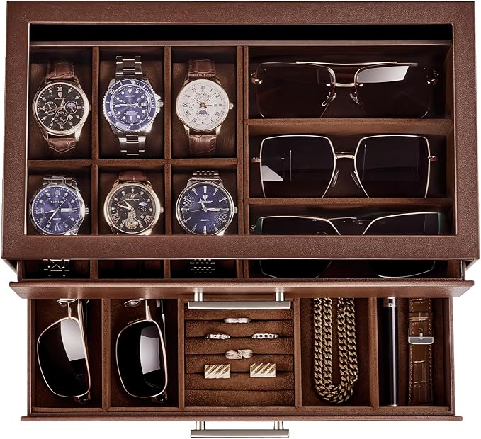 ProCase Watch Case, Mens Jewelry Box for 6 Watch & 5 Sunglasses -Brown | Pull-Out Drawer 2-Tier Leather Watch Organizer with Glass Display Top, fit Watches Size Up to 50 mm, Gift for Men & Women