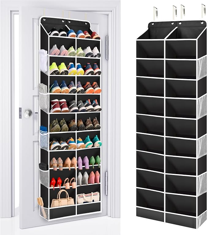 ULG Over The Door Shoe Organizer for Closet Fit 24-32 Pairs with Large Deep Pockets, Narrow Shoe Rack for Door Hanging Boots Storage, Black