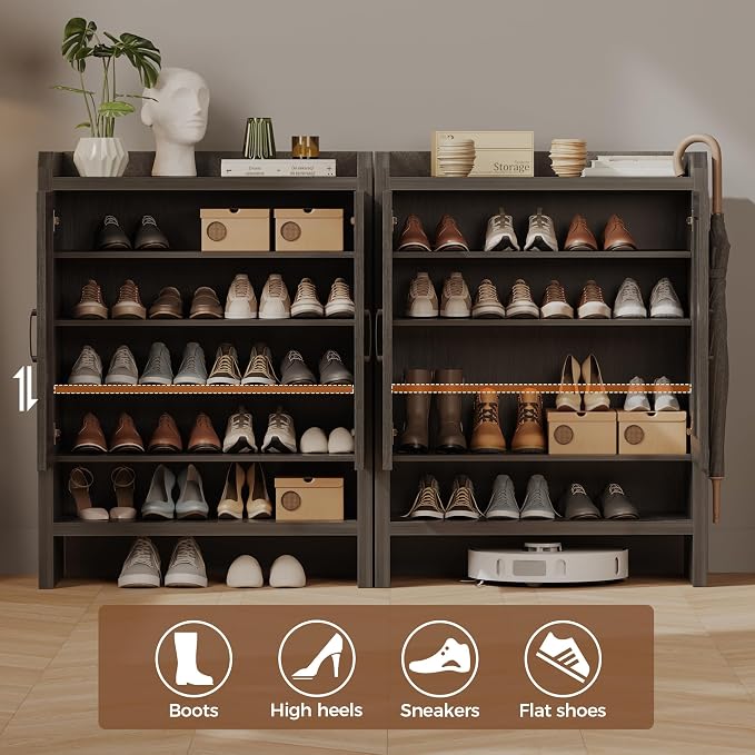 Mericonia 6-Tier Shoe Cabinet Storage for Entryway, Rattan Shoes Organizer Cabinets with Doors, Wooden Shoe Rack, Farmhouse Boho Wood Storage Cabinet (Black, 6-Tier)