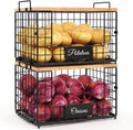 2 PACK XXL Potato and Onion Storage Bins, Pantry Organizers and Storage | Stackable Wire Baskets with Wooden Tops & Tags, Kitchen Counter Organizers Bins for Potato, Onion, Fruit, Vegetable, Garlic