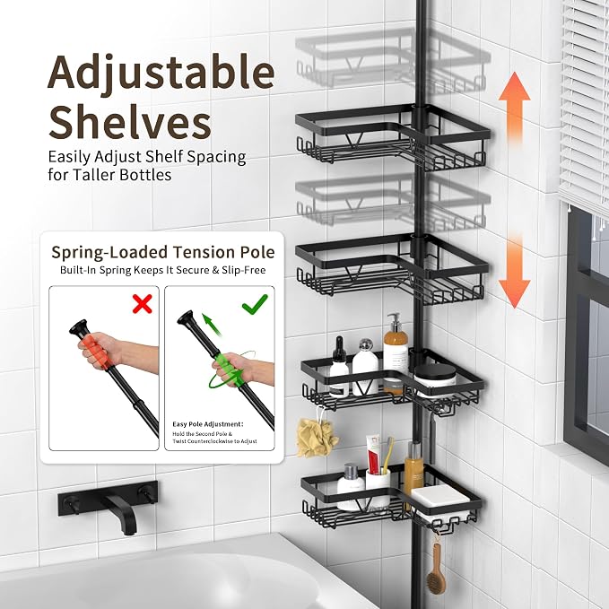 KEGII Corner Shower Caddy Tension Pole - Shower Tension Rod Organizer, Floor to Ceiling Shower Caddy 25-114.2 inch, Towel Rack Corner Waterproof, Black