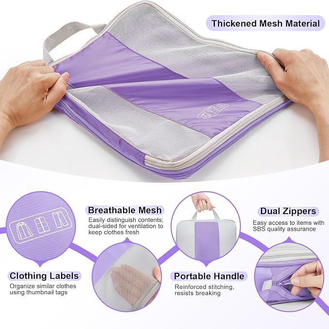 OlarHike 10 Set Compression Packing Cubes for Travel Essentials,Compressible Expandable Space Saver Bags for Organizing Clothes,Luggage Garment Bags with Over 1000 pcs Mesh Holes(Light Purple)