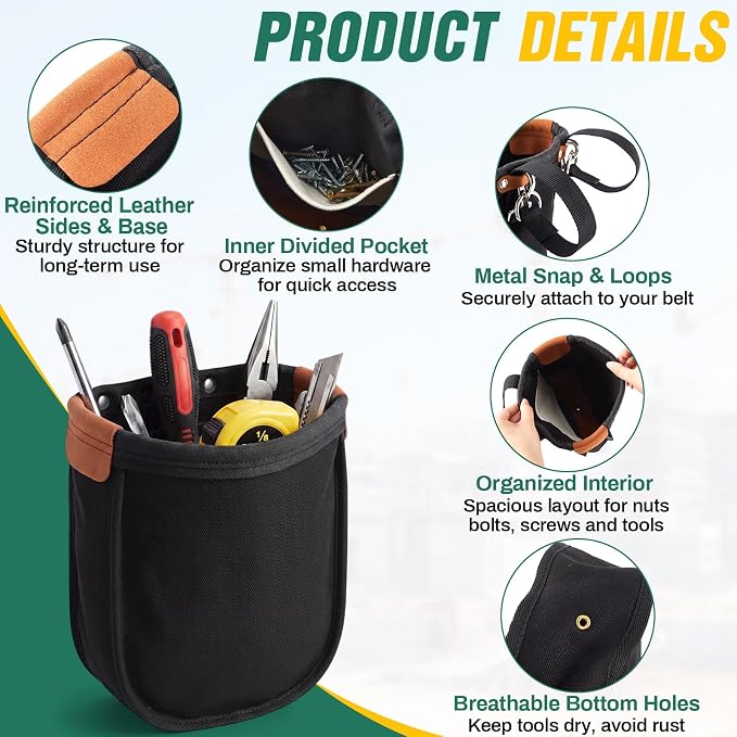 2 Pcs Tool Pouches 9" x 3.5" x 10", Utility Small Tool Pouch Bag with Inner Pocket Reinforced with Rope & Tanned Leather, Loop Belt Connection & Metal Snaps for Nuts & Bolts Outdoor Work