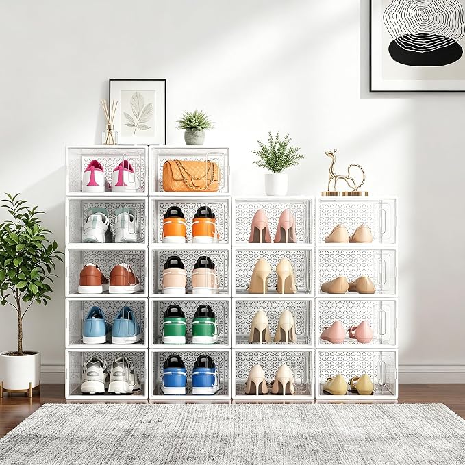 Shoe Boxes, 12 Pack Clear Plastic Stackable Shoe Storage Boxes Fit US Size 10, Ventilated Dust-Proof Sneaker Containers, Shoe Organizer for Closet, Entryway, 13.1 x 9 x 5.5 Inches, White