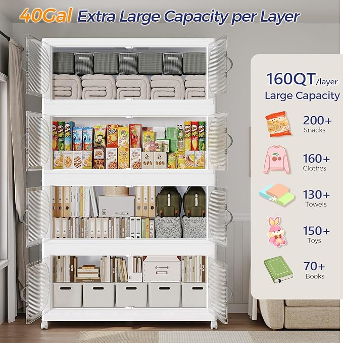 160Gal/640QT 4-Tiers Extra Large Stackable Storage Bins with Lid, Collapsible Cabinet Closet Organizer Plastic Container Box with Wheels Doors Drawers for Living Room Kitchen Office, White